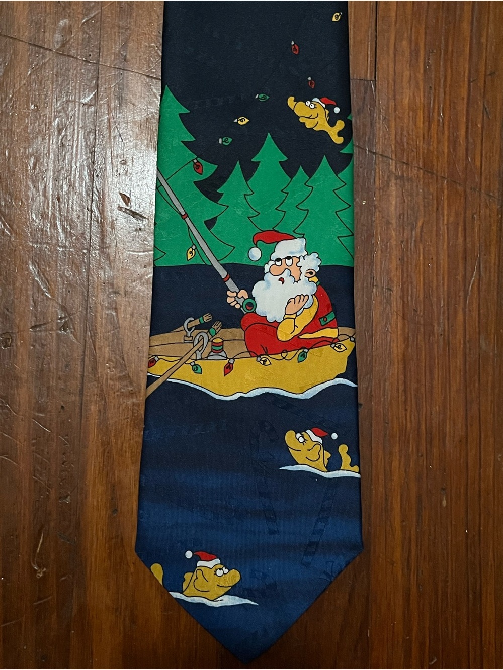 Hallmark Men’s Navy Blue Santa Fishing Novelty Tie Ugly Christmas Holiday